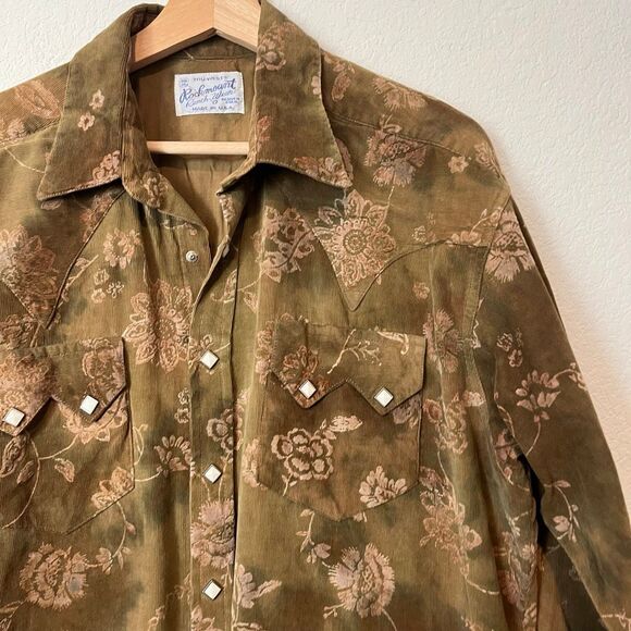 Rockmount Ranch Wear Brown Floral Embroidered Pearl Snap Button Up Shirt Men's - Picture 2 of 6